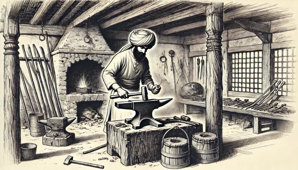 Historical illustration of ironsmith crafting during the Mughal era